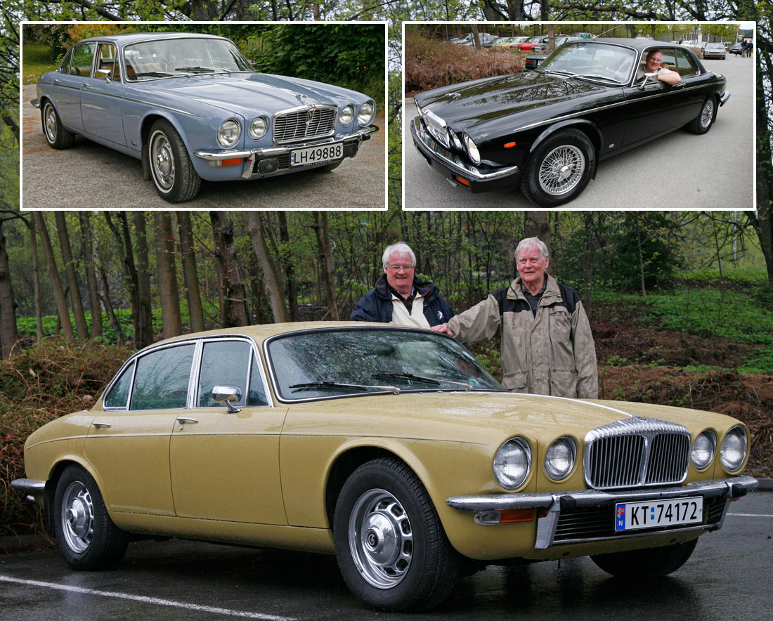 XJ Serie 2 i tre versjoner: XJ12 Saloon, XJ6 2-dørs Coupé og Daimler. Merk de spesielle 70-talls lakkfargene Lavender Blue og Green Sand!